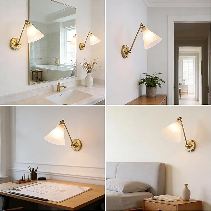 Industrial Vintage Slope Pole Wall Mount Single Sconce with Funnel Flared Clear Glass Shade, Swing Arm Wall Sconce Light Lamp Fixture Hardwired