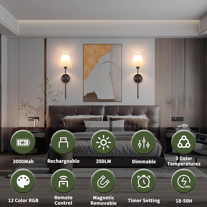 Battery Operated Wall Sconce Set of 2,15 Colors Wireless Wall Light With Dimmable Remote Control Last 18-50 Hours,Black Rechargeable Wall Lamp With White Fabric Shade For Living Room Bedroom Hallway