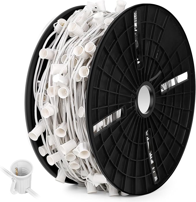 Brightever Commercial 500 FT LED Lights Sockets Outdoor, C9 E17 Light Sockets Set Spool, C9 Sockets Patio String Lights, C9 Light Strands - 12 Spacing Intermediate Base White Wire String Lights