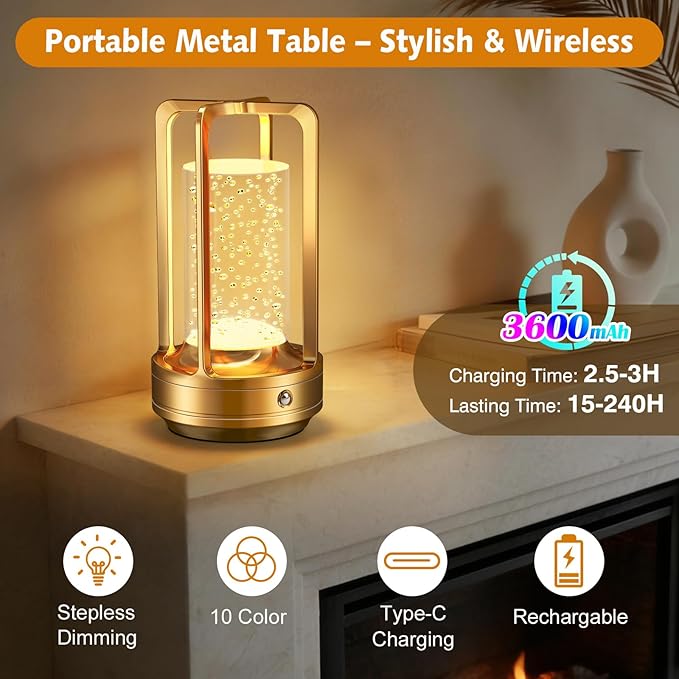Portable Table Lamp for Outdoor Indoor: Cordless Rechargeable Desk Lamp with 3 Color Stepless Dimmable - Metal Battery Operated Lantern Light for Bedroom/Bar/Coffee Shop/Camping (Gold Bubble+RGB)