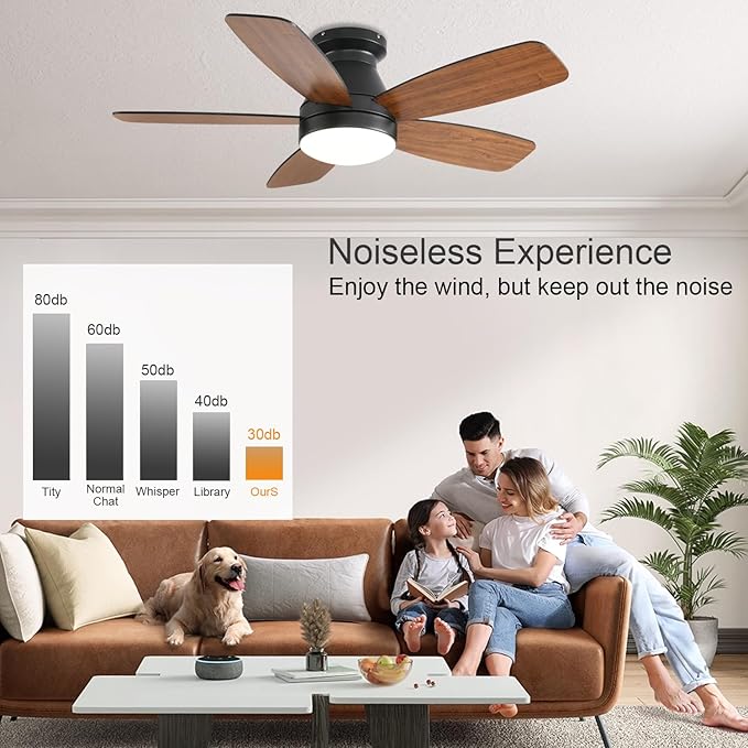 Ceiling Fans with Lights, 42 Inch Low Profile Ceiling Fan with Light and Remote/App Control, Flush Mount, Reversible, 3CCT, Dimmable, Noiseless, Brown Ceiling Fan for Indoor/Outdoor Use