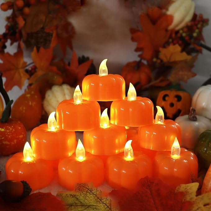 CESOF Pumpkin Tea Lights Decorations Fall Decor, 24 Pack LED Orange Pumpkin Lights Flameless Candles Battery Operated, Halloween Thanksgiving Flickering Tealight Candle for Home Table Indoor Party