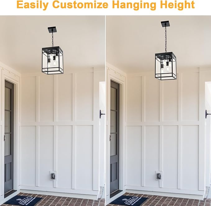 4-Light Outdoor Pendant Lights for Porch, Black Outdoor Chandelier 15.7'' Large Exterior Hanging Porch Light Fixtures with Clear Glass, Waterproof Outside Pendant Lantern for Garage Foyer