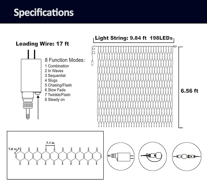 weillsnow 198 Led 9.8ft x 6.6ft Outdoor Net Lights, Connectable 8 Lighting Twinkle Modes Mesh Lights for Christmas Outdoor Patio Garden Bush Fence Decorations (Warm White)