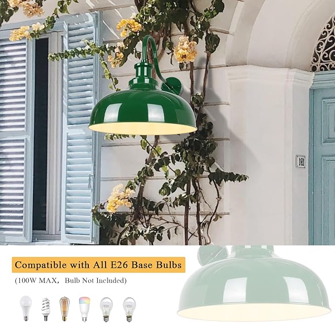 Outdoor Gooseneck Barn Light, 14 Inch Dome Rustic Outdoor Wall Sconce, Farmhouse Exterior Wall Mount Lighting Fixture, Industrial Green Wall Lantern for Porch, Entryway, Garage, RZ007M GR+WH