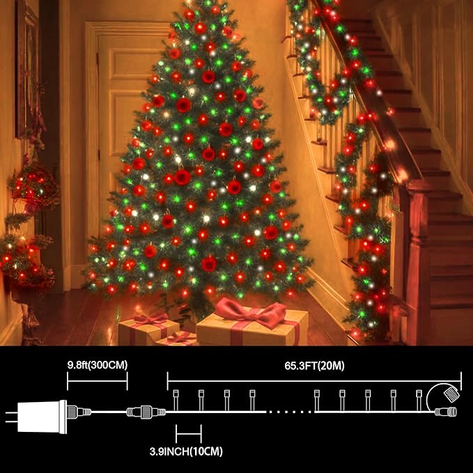 LAMPHOME 66ft Christmas Decorative Mini Lights, 200 LED Green Wire Fairy Starry String Lights Plug in, 16 Lighting Modes for Outdoor Xmas Tree Wedding Party Decoration (Red Green White)