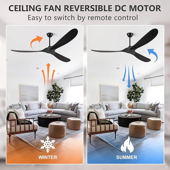 Eliora 72 Inch Ceiling Fan With Remote And Wall Switch,Large Wood Ceiling Fan Without Light 3 Blades,Outdoor Ceiling Fans 6 Speed,Quiet DC Motor for Patios-Black