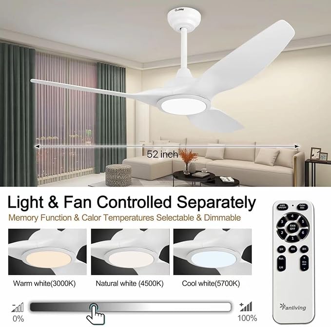 52 Inch Quiet DC Motor White Ceiling Fan with Light Remote Control, Indoor 3 Blade Modern Ceiling Fan for Bedroom Living Room