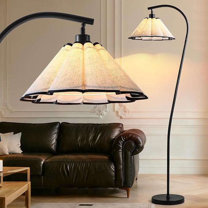 Floor Lamp with Pleated Linen Lampshade, Modern Flower Floor Lamp for Living Room Arc Standing Lamp, Gold Tall Lamp for Bedroom Office Dining Room, Bulb Included (Black + Black, 66.1IN)