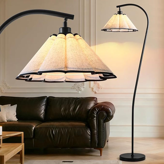 Floor Lamp with Pleated Linen Lampshade, Modern Flower Floor Lamp for Living Room Arc Standing Lamp, Gold Tall Lamp for Bedroom Office Dining Room, Bulb Included (Black + Black, 66.1IN)