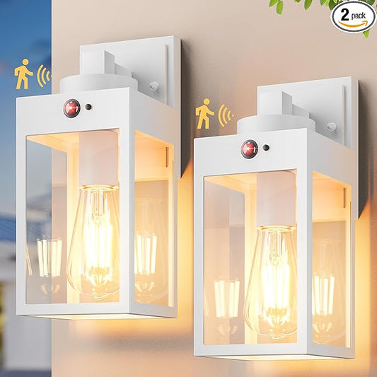 Gleamz 2-Pack White Motion Sensor Outdoor Light Fixtures Wall Mount, H11'' Modern Dusk to Dawn Exterior Wall Lantern for House Front Porch, Waterproof Outdoor Sconce Lights for Garage, Coach