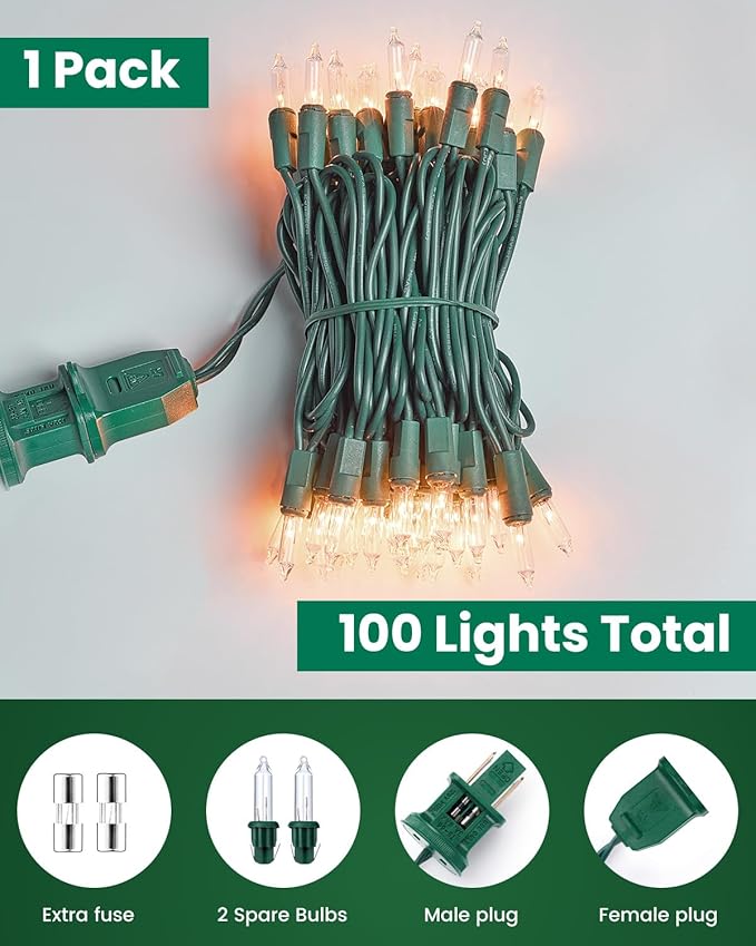 Minetom Clear Christmas String Lights 100 Count 25 Feet Incandescent Bulb Mini Lights for Indoor Xmas Tree Garland Birthday Wedding Party Festival Decoration, Green Wire (Pack of 2)