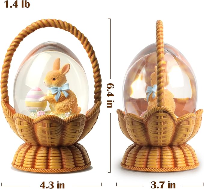 Easter Snow Globe Lantern Bunny Easter Decorations for Home with Timer Swirling Glitter, Lighted Indoor Decor Gifts with Basket Eggs, USB or Battery Operated