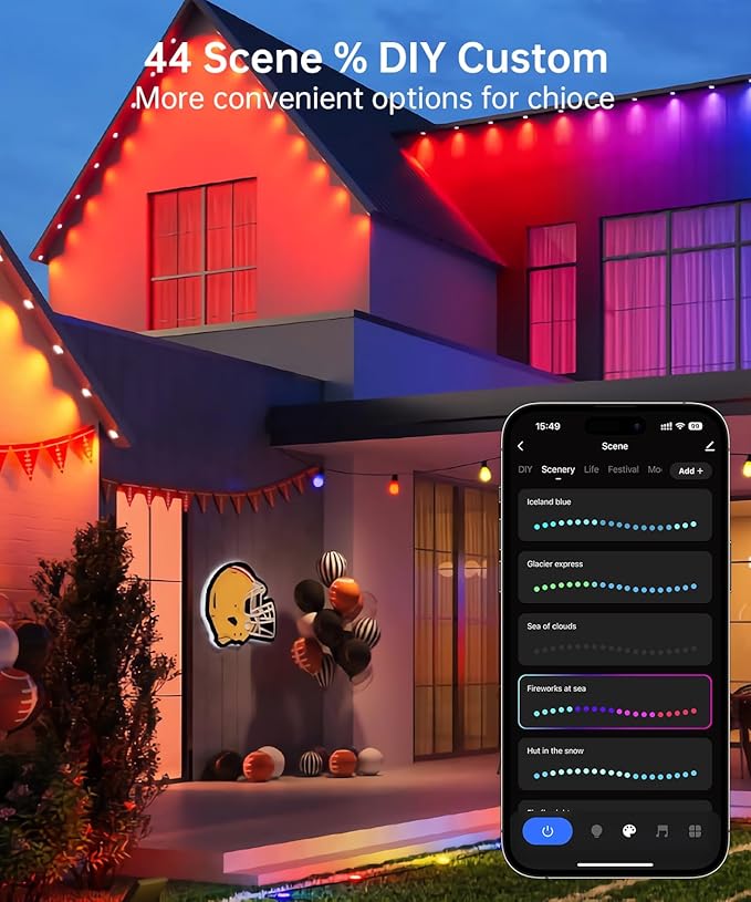 Smart Permanent Outdoor Lights, 50ft with 36 LED RGB String Lights, IP67 Waterproof Eaves Light with 44 Scene Modes for Halloween Christmas Birthday Holiday Party, APP/Voice/Remote Control