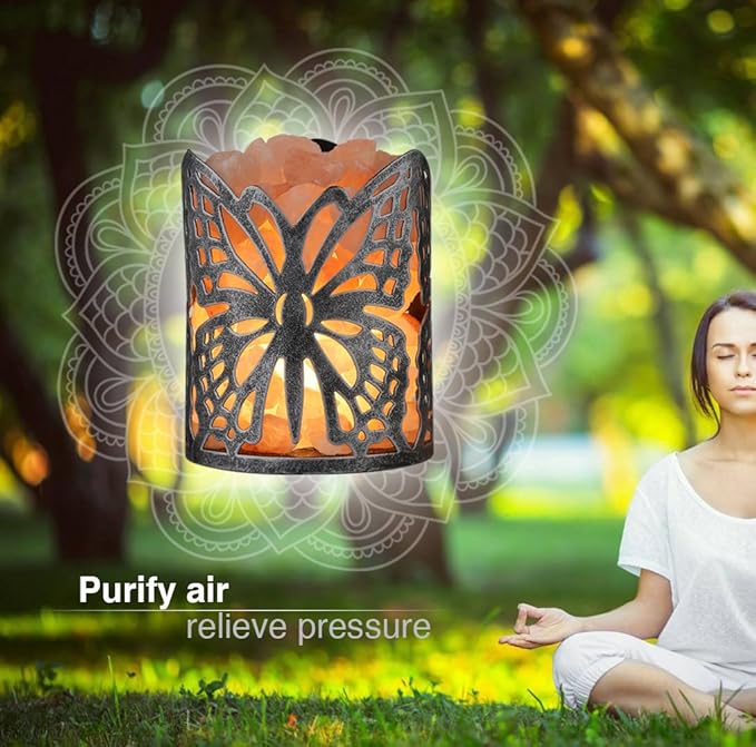 Himalayan Salt Lamp,Natural Wall Light Salt Lamp with 1 Bulbs,Rocks Salt Night Light with Butterfly Metal Basket Gift（Flame lamp）