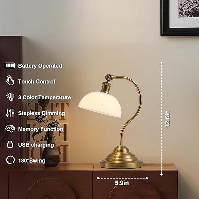 Cordless LED Table Lamp, Battery Operated Desk Lamps with Swing Arm & Plastic Shade, Vintage Small Rechargeable Dimmable Light for Bedroom, Living Room, Nightstand, Brass/White