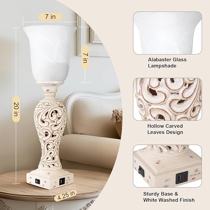 Bedside Table Lamps for Bedroom Set of 2, 3-Way Dimmable Nightstand Lamps with 2 USB Charging Ports, 20" Vintage Desk Lamps with White Alabaster Glass Shade for Living Room Entryway, LED Bulb Included