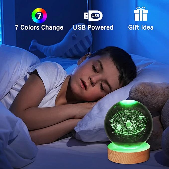 3D Solar System Crystal Ball Lamp,3.15inch Multi-Color Changing Bedroom Decor Night Lights,Christmas Birthday Gifts for Boys, Girls