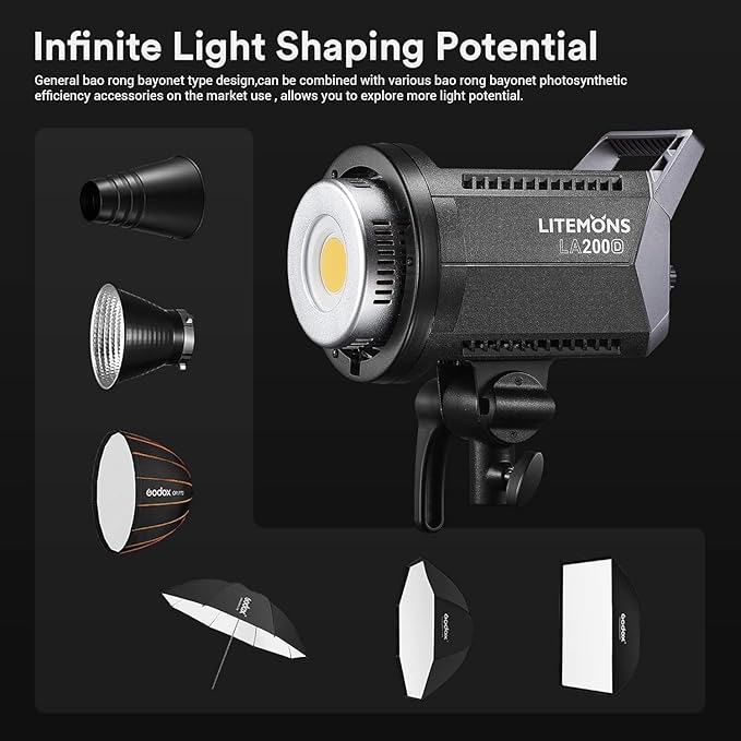 Godox LA200D LED Video Light, 200W 101000LUX@1M Daylight Studio, 5600K Bowens Mount LED Continuous Light, CRI 96+ 8 FX Effect 0-100% Dimming APP Control Photography Light