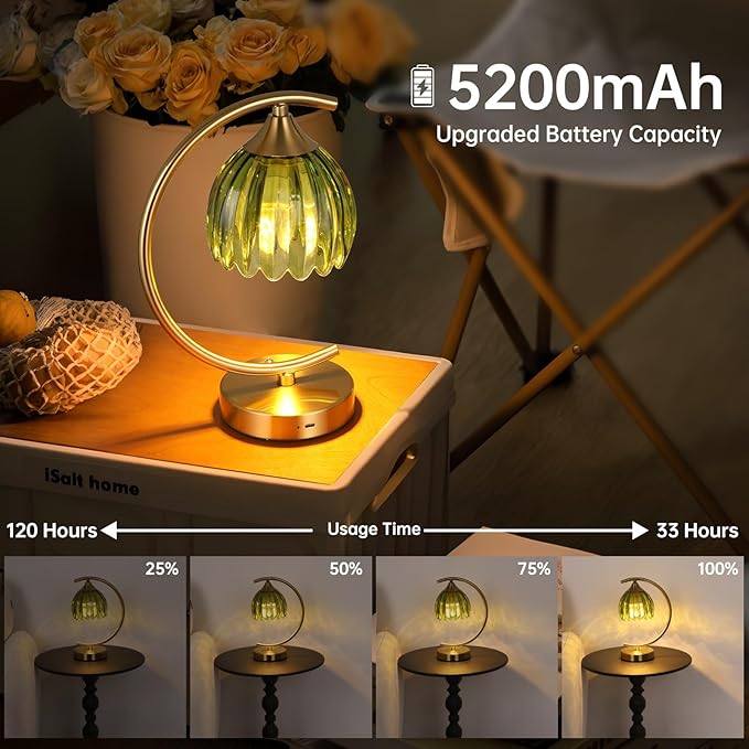 Set of 2 Tulip Table Lamp, 5200mAh Cordless Touch Control Table Lamp with 3 Color Temps & Stepless Dimming, Rechargeable Battery Table Lamp for Living Room, Bedroom, Office(Green Tulip)