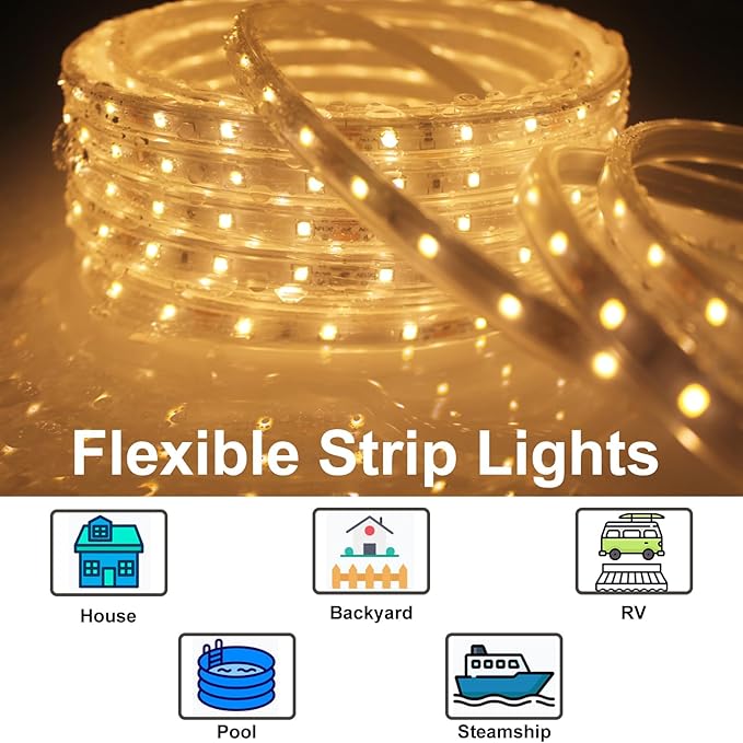 2Pack 50ft LED Rope Lights Outdoor Waterproof, 12V Dimmable Strip Light, Flexible LED Rope Lighting 3000K for Bedroom, Living Room, Backyard, Indoor Outdoor Decor