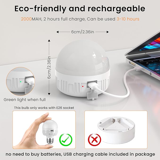 SCOPOW 1PC Rechargeable Light Bulbs with Remote Control Timer and 3 Color Temperature Rechargeable Battery Operated Light Bulb (5W+E26+3Colors+1PC)