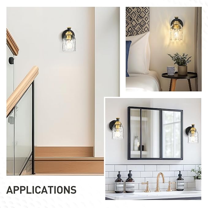 zeyu Wall Sconces Set of 2, 1-Light Bathroom Light Fixtures, Modern Vanity Light Wall Lamp with Water Ripple Glass Shade, Black and Gold Finish, ZG33B-2 BK+BG-WG