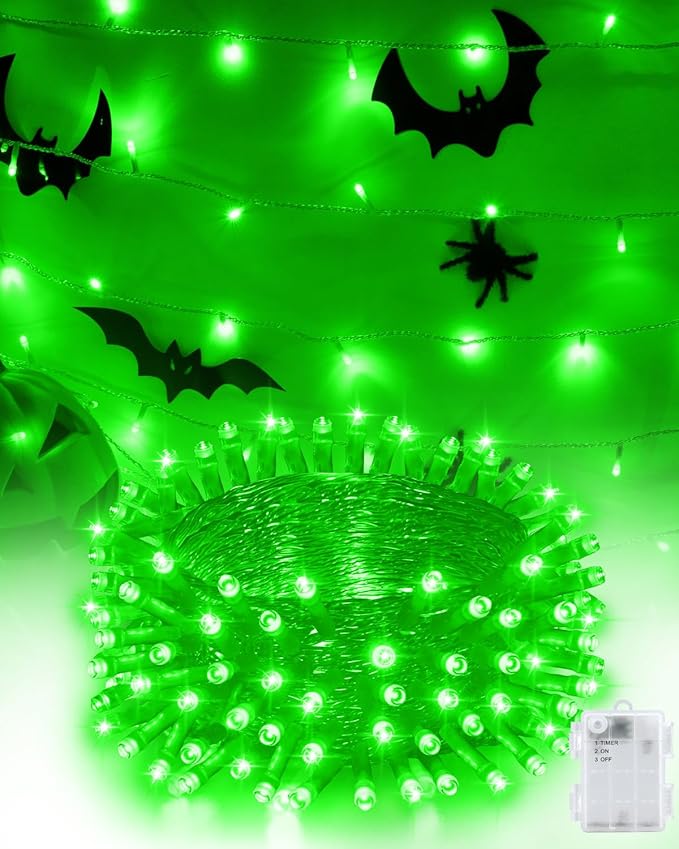 Halloween Lights Battery Operated, Green Fairy Lights with Timer Waterproof 16.4ft 50 LED Halloween Decorations for Outdoor Indoor Patio Home Party Garden Yard Decor