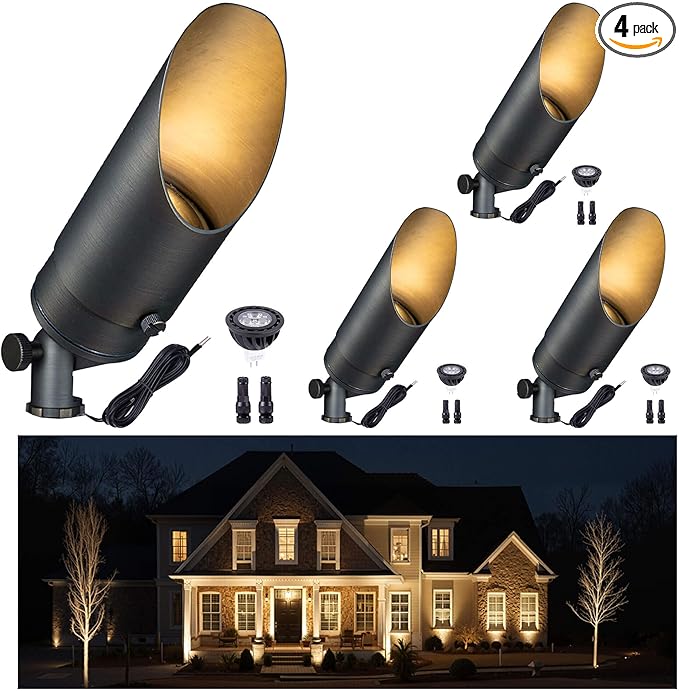 Gardenreet Brass Landscape Lighting - Low Voltage Outdoor Spotlights, Wired LED Uplights 12V, Waterproof Spot Lights, Antique Bronze for Outside Trees with Warm White MR16 Bulb (4 Pack)