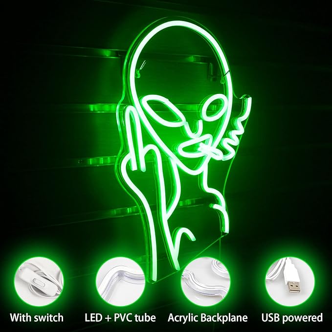Green Alien LED Neon Signs for Wall Decor Shop Bar Pub Man Cave Game Room Decor Hip Hop Party Signs For Green Bedroom Wall Decor Birthday Party Funky Aesthetic Room Decor