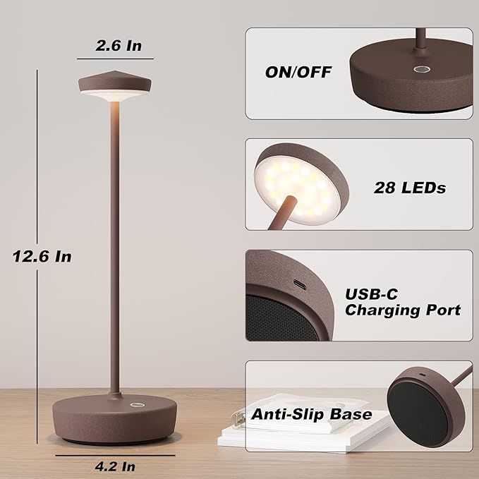 Cordless Table Lamp Rechargeable - LED Battery Table Light with 3 Color Temperatures, Stepless Dimming, Waterproof Aluminum for Indoor Outdoor, Patio, Restaurant, Dinner (Rust)