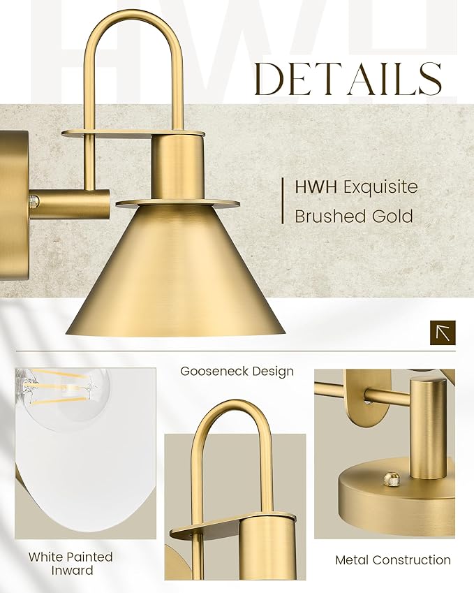 Brass Wall Sconce, HWH Gooseneck Wall Light Sconces for Bedroom Bathroom, 1-Light Indoor Wall Light Fixtures with Metal Shade, White Interior, Gold Finish, 5HZG56BL BG