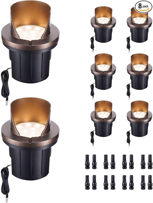 Low Voltage Ground Well Lights Outdoor, LED In-Ground Landscape Lights Warm White 3000K, 12V IP67 Waterproof Aluminum ORB Half-Side Lighting for Backyard Walls, 420LM, 8 Pack