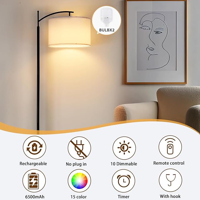 2-Light Cordless Floor Lamp, Weighted Base Ultra Stable, Dual-Bulb 2X Brighter, 3 Color Temperatures Dimmable with RGB Remote, Cordless Standing Lamp for Bedroom Living Room Office Porch