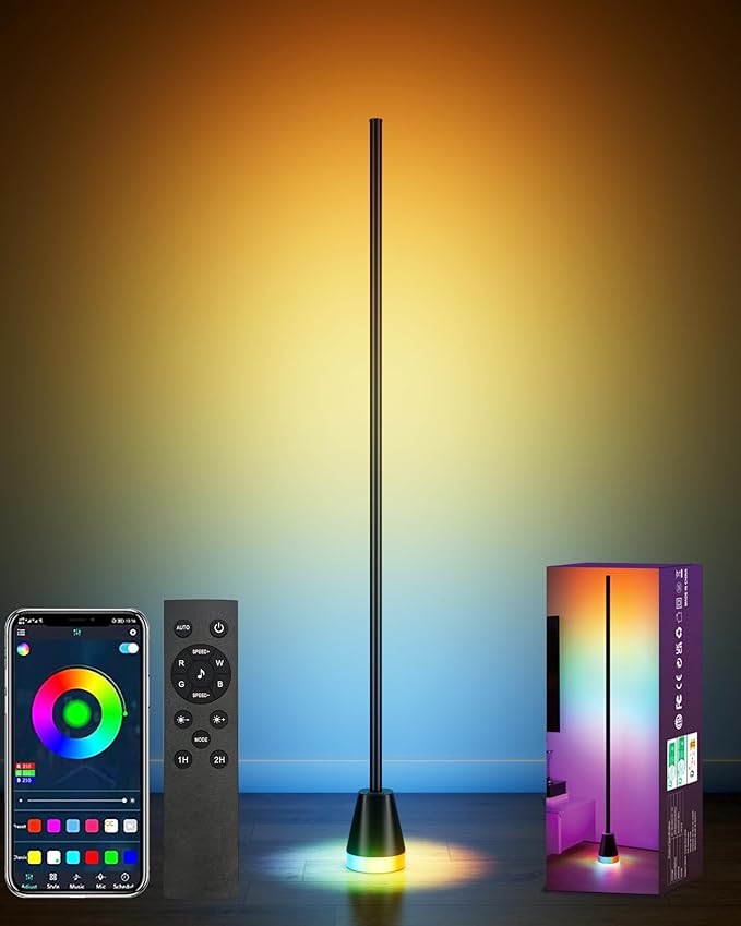 Corner Floor Lamp, Smart RGB LED Corner Lamp with App and Remote Control, 172 LED Light Beads and 16 Million Colors Changing Standing Lamps with Music Sync for Living Room, Bedroom, Gaming Room, Black