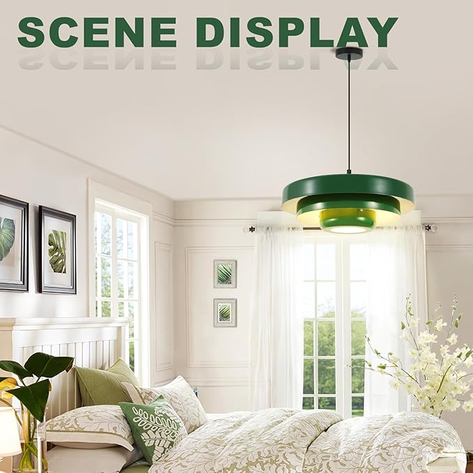 Large Green Pendant Light, 3-Layer Metal Mid Century Modern Chandelier, Vintage Farmhouse Hardwired Ceiling Fixture for Dining Room and Living Room