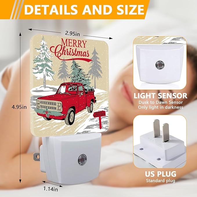 Retro Red Car Night Light, Plug-into Christmas Tree Nightlight White LED Lamp, Energy Efficient Decor Desk Lamp for Bedroom Hallway Stairs Bathroom