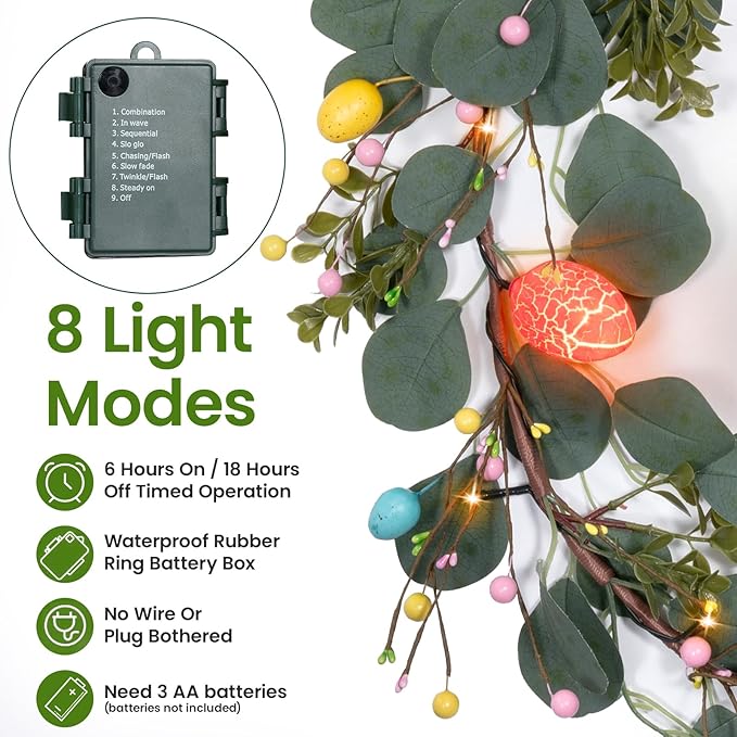 Easter Decorations 6FT Prelit Lighted Easter Garland, Eucalyptus Garland with Easter Eggs, Berries & Buds - 20 LED Lights 8 Modes with Timer, Battery Operated for Mantle Door Table Home Indoor Outdoor