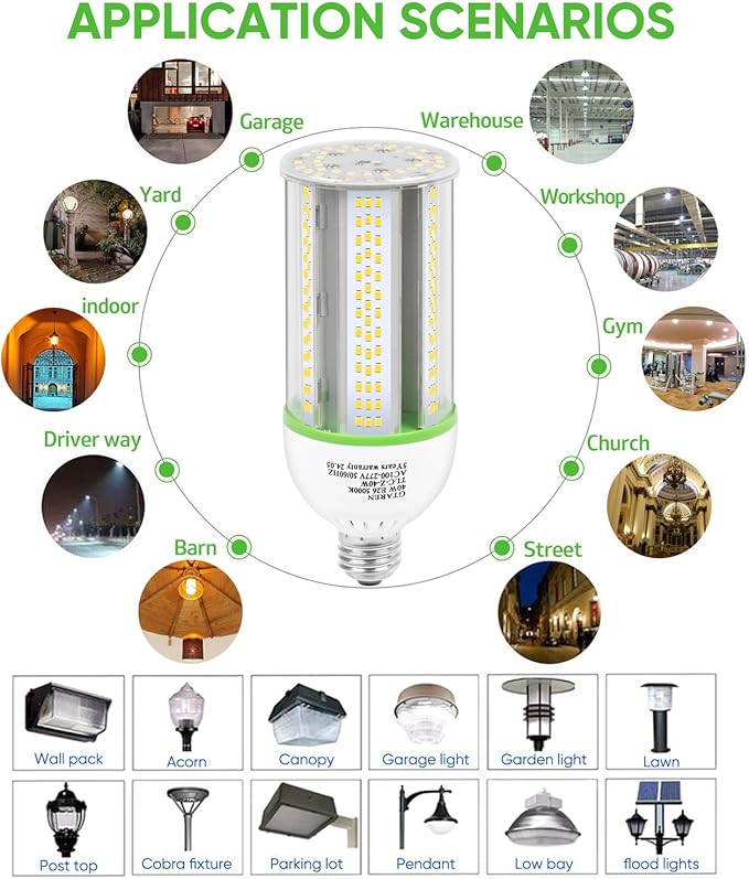 40W LED Corn Cob Bulb, 400W Equivalent, 5000K Daylight, E26/e39 Base, 5600 Lumens - Replace Halogen/Metal Halide, for Barn, Shop, Porch, Yard, Garage Lighting