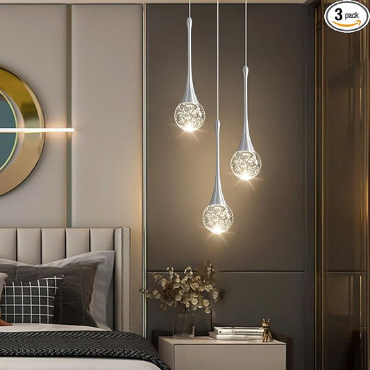 3-Lights Modern Pendant Lights for Kitchen Island LED Dimmable Crystal Glam Ceiling Pendant Lighting Chandelier for Dining Room Hallway Bedroom Corner Lamp Brushed Nickel