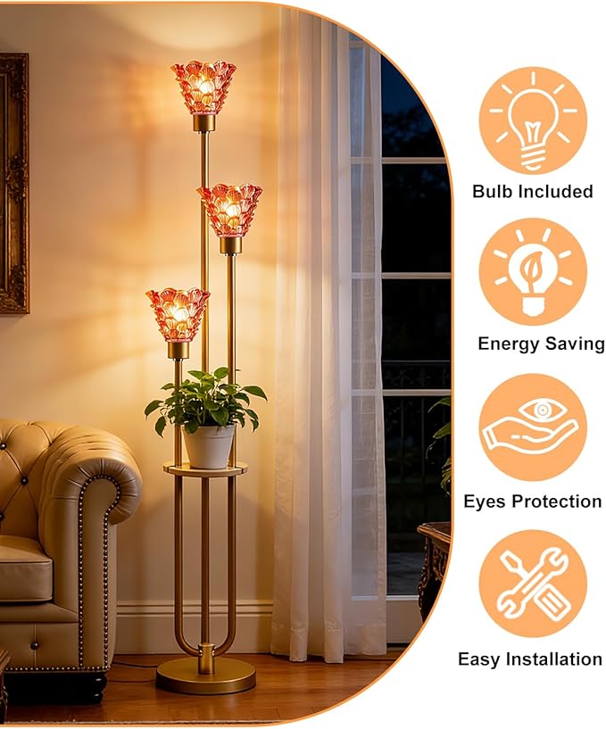 Glass Floor Lamp with Table, 62'' Gold Standing Tall Lamps with Rose Red Glass Shade, 3000K Warmwhite Mid Century Modern Floor Lamp for Living Room/Bedroom/Sofa Beside/Home Corner