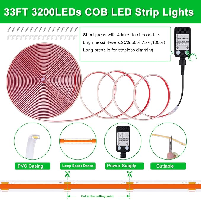 OMIKA Green 33FT COB LED Strip Lights Outdoor Waterproof, 3200 LED Plug in Strip Light PVC Casing Tape Light Flexible with Self-Adhesive Timer Dimmable for House Garden Camping DIY