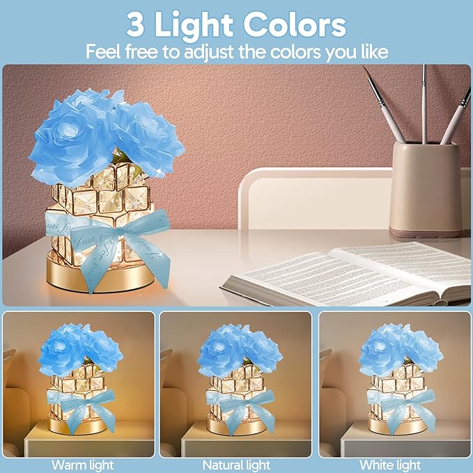 ONXE Romantic Rose Gifts for Girlfriend Wife Her,Rechargeable Cordless Touch Crystal Table Lamp,3-Colour Infinitely Dimming Small Night Light,Valentine's Day Anniversary Birthday Wedding Decor