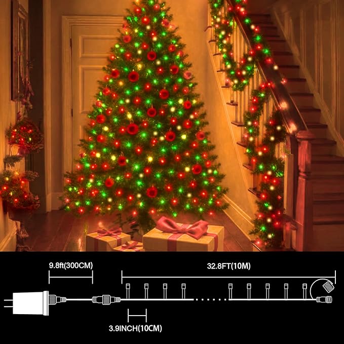 LAMPHOME 33ft Christmas Decorative Mini Lights, 100 LED Green Wire Fairy Starry String Lights Plug in, 16 Lighting Modes for Indoor Outdoor Xmas Tree Wedding Party Decoration (Red/Green/Warm)