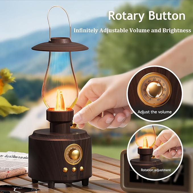 AVEKI Vintage Kerosene Table Lamp with Bluetooth Speaker, Infinitely Dimmable Rechargeable LED Lights for Bedroom, IPX4 Waterproof Bedside Lamps for Camping Party Holiday Home Decor Gift (Woodgrain)