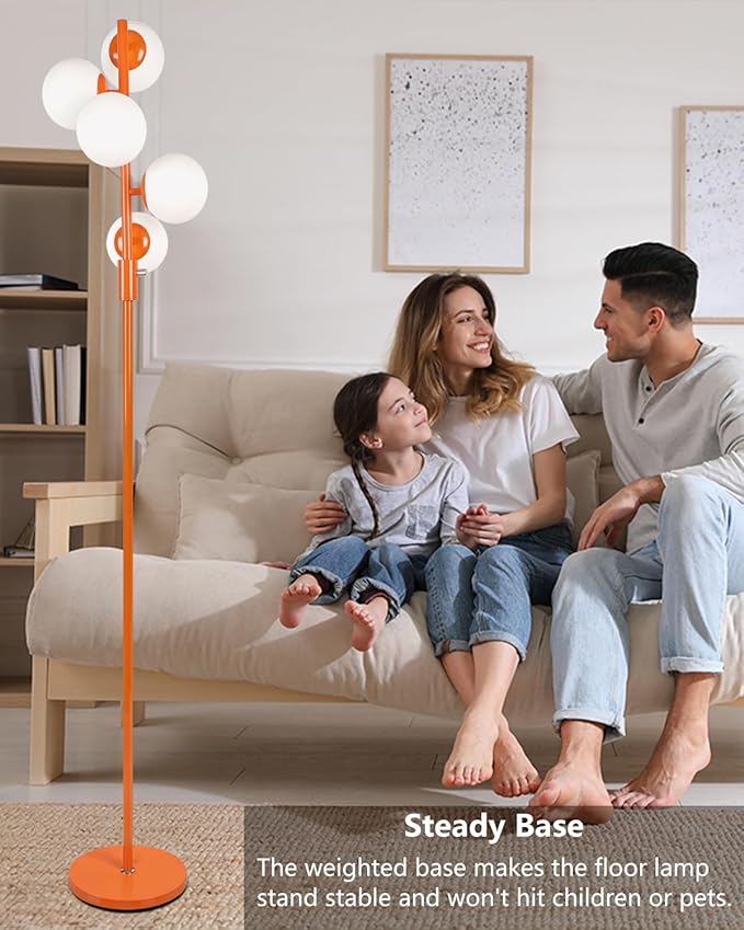 Lightdot 5-Globe Dimmable Globe Floor Lamp Orange Retro Standing Lamps with 5Pcs Bulbs Included Brightness Adjustable Mid Century Modern Floor Lamp for Living Room/Sofa Beside/Corner Decor