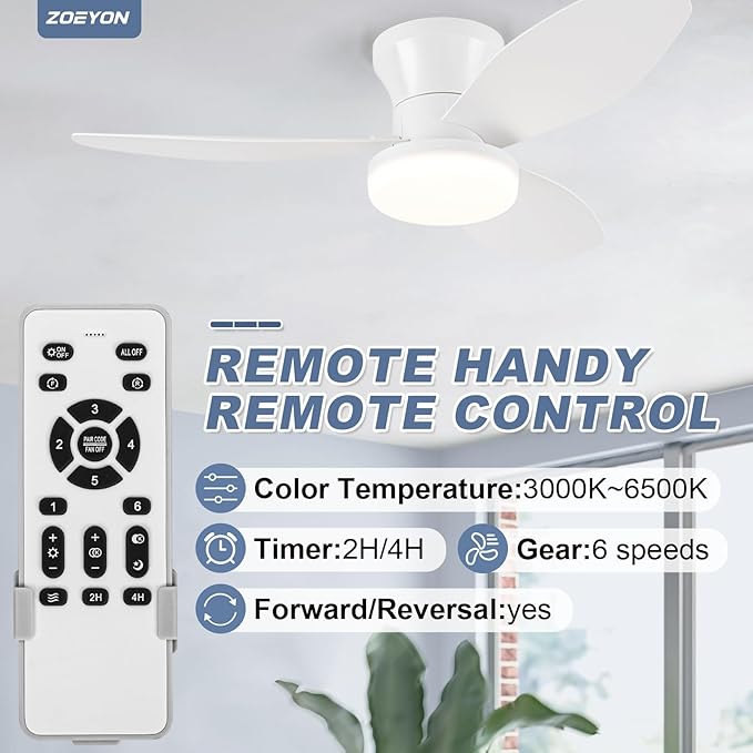 Small White Ceiling Fan with Light - 35 Inch Flush Mount Ceiling Fan with Lights and Remote, Low Profile Ceiling Fans with 3 Reversible Blades, 6 Wind Speeds, Ceiling Fans for Bedroom Kitchen