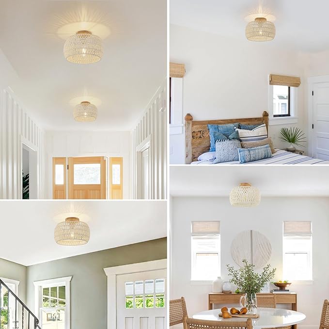 Boho Light Fixtures Ceiling ,Cream White Rattan Chandelier Ceiling Light,Small Rattan Flush Mount Ceiling Light Hand-Woven Chandelier for Nursery Light Fixture Kitchen Farmhouse Bedroom Chandeliers