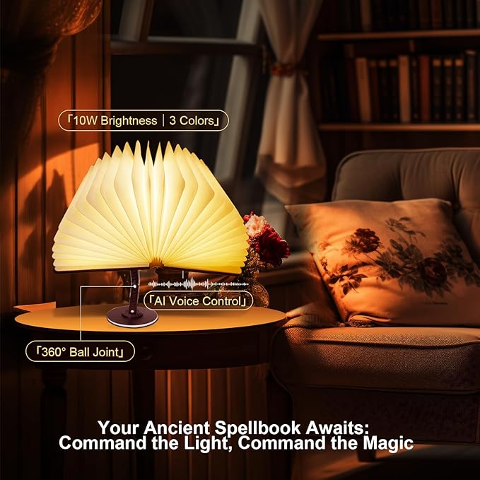 Enchanted Book Lamp AI Voice Activated | Auto-Flip Magic Lighting for Fantasy Fans, Spell-Casting Decor in Home Office (Antique Brass) (Art Deco 2)