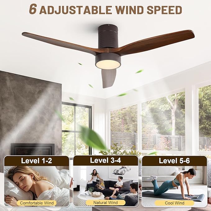 Sofucor 52 Inch Ceiling Fans with Lights, Flush Mount Ceiling Fan with Lights and Remote, Reversible DC Motor, Indoor/Outdoor 3 Blade Solid Wood Ceiling Fans for Bedroom Living Room Patio Farmhouse